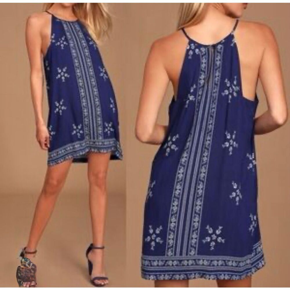 Lulus Mediterranean Sea Printed Keyhole Back Halter Mini Dress Navy Medium